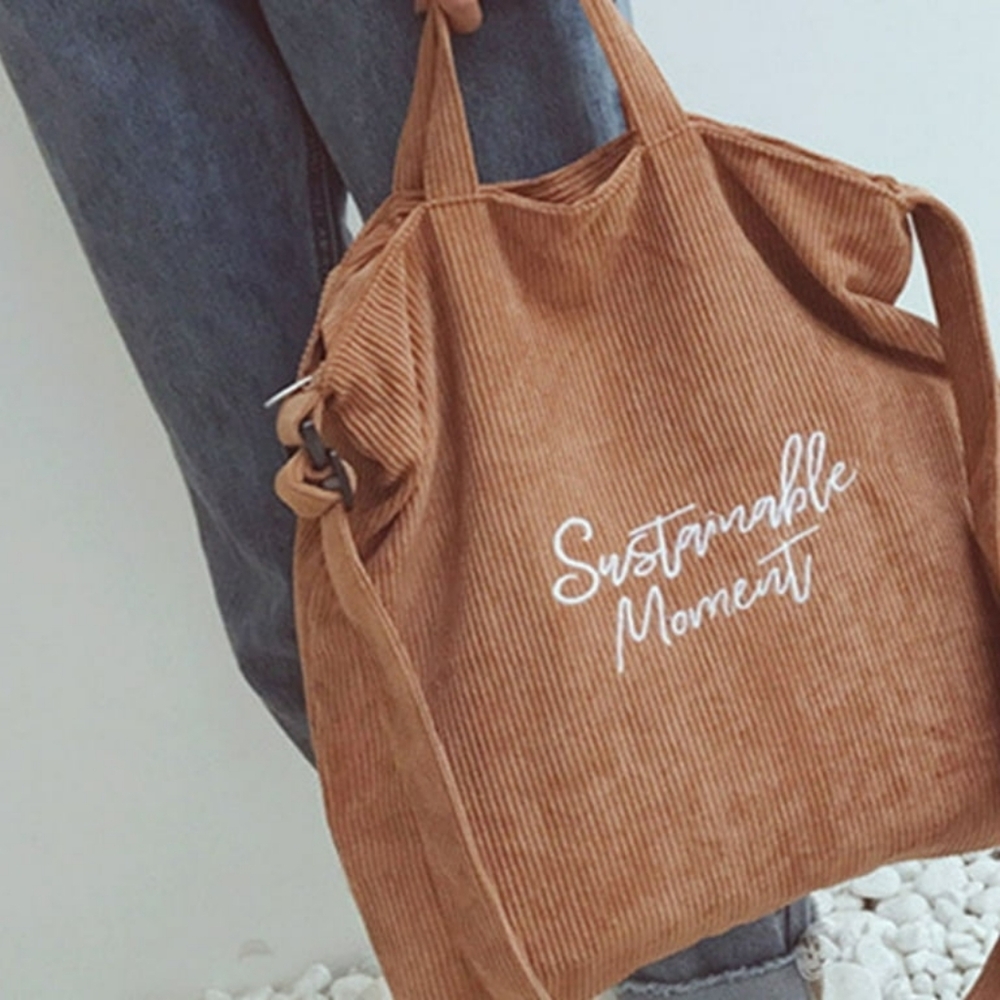Sustainable Moment Corduroy Embroidery Stripes Crossbody Bag Tote Brown